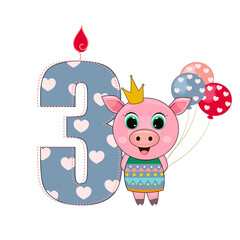 Cute baby princess little pig with number three. Vector illustration for baby shower, greeting card, party invitation, fashion clothes t-shirt print. Happy Birthday concept © Yana