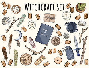 Witchcraft set. Collection of wiccan magical items doodles for occult rituals. Hand drawn pagan elements collection. Occult altar symbols, cauldron, pentacle, athame, boline, candles