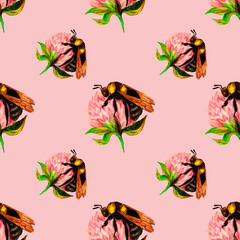 Insects, beetles, flowers and herbs, seamless pattern. Illustration for postcards, posters, textile design, etc.