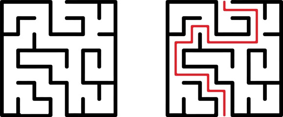 Vector labyrinth. Maze or Labyrinth. Vector illustration.Education logic game labyrinth for kids. Find right way. Isolated simple square maze black line on white background. With the solution