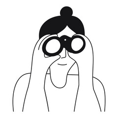 Female looking through binoculars. Outline vector illustration on white background.