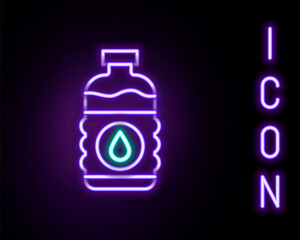 Glowing neon line Bottle of water icon isolated on black background. Soda aqua drink sign. Colorful outline concept. Vector