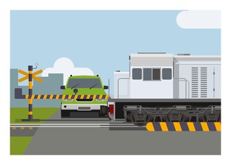 Train passing railroad crossing. Simple flat illustration.