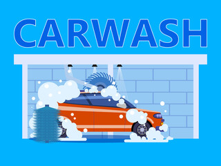 Naklejka premium Car Washing Auto center station. Service washing, clean car, foam bubbles. Vector illustration isolated