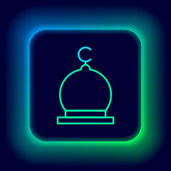 Glowing neon line Muslim Mosque icon isolated on black background. Colorful outline concept. Vector