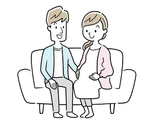 ベクターイラスト素材：ソファーに座る妊婦の妻と夫、夫婦
