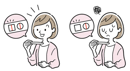 イラスト素材：女性、妊娠検査の判定をチェックする
