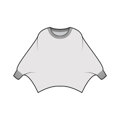 Sweater batwing sleeve technical fashion illustration with rib oval neck, oversized, hip length, knit trim. Flat garment apparel front, grey color style. Women, men unisex CAD mockup