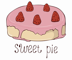 Colorful sweet cake for birthday, weddings, celebrations, congratulations, invitations for valentine's day. Pie with strawberries and cream. Vector illustration