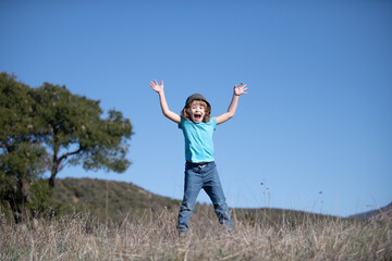 Fototapeta premium Happiness, childhood, freedom, movement and people concept - happy smiling boy jumping.