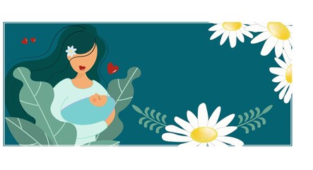 Blue banner with daisies for Mother's Day. A cute young mother gently holds the baby in caring hands. Motherhood theme. Flat vector illustration. Background with decorative plants and space for text.