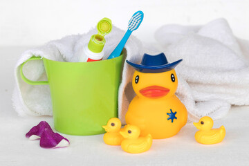  toothbrush and toothpaste for health care oral cavity of children arrangement flat lay style on background white