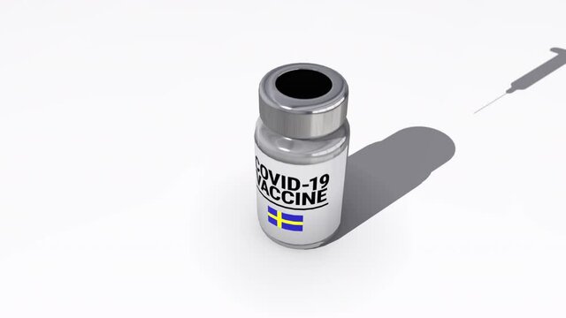 Seamless looping 3D animation of the covid-19 vaccine injection of a bottle with the flag of Sweden in 4K resolution 