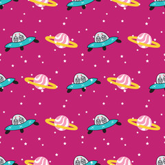 Colorful outer space repeat pattern on pink background