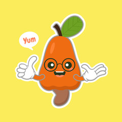 cute and kawaii cashew fruit character. cashew nut and fruit with leaf woodcut