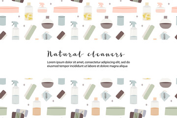 Natural household cleaners: soda, vinegar, lemon, mustard powder, salt, laundry soap. Eco friendly detergents, chemical free. Zero waste lifestyle. Green home concept. Vector flat cartoon illustration