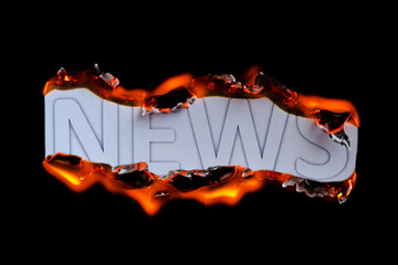 The burning news caption is isolated on a black background. The concept of hot news. Hot News In...