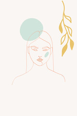 Peach and Blue Leaf Art Vector Background. Lady Profile Design. Nude Portrait Modern Poster. Contour Beauty Pattern.
