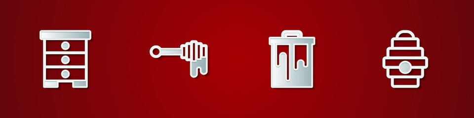 Set Hive for bees, Honey dipper stick with honey, Honeycomb and icon. Vector