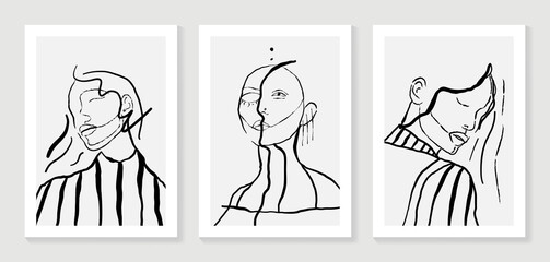 Surreal faces abstract art background vector. Portrait abstract face one line drawing with modern continuous line art and abstract geometric art style. Good for poster, wall art, print, cover design.