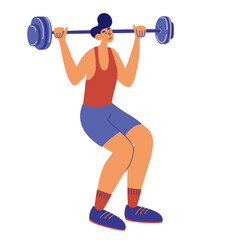 Young guy squatting with barbell. Man bodybuilder, weightlifter working out, training with barbell in gym. Male training concept vector illustration.
