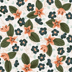 Beautiful valley with painted flowers in a color palette of peach, navy, blue, white. Dense flower garden seamless vector pattern. Great for home décor, fabric, wallpaper, gift wrap, stationery, etc.