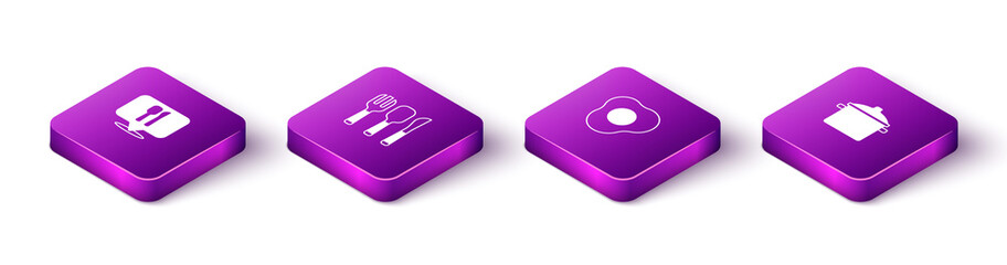 Set Isometric Cafe and restaurant location, Fork, spoon knife, Scrambled eggs and Cooking pot icon. Vector
