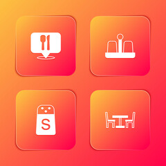 Set Cafe and restaurant location, Salt pepper, and Wooden table with chair icon. Vector