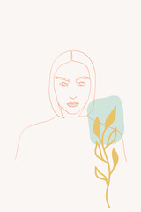 Nude Human Line Vector Background. Plant Beauty Print. White and Pink Women Style Cover. Woman Doodle Illustration.