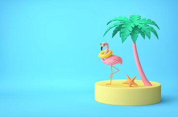Tropical island with palm tree and funny pink flamingo. Summer vacation concept