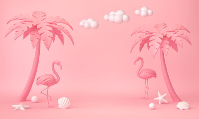 Pink tropical background with palms, flamingo and seashells