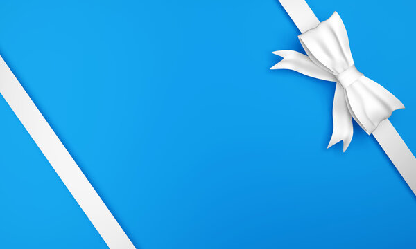 Blank blue background with white diagonal ribbons and bow in the corner. 3d rendering
