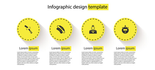 Set Broken baseball bat, Hotdog sandwich, Baseball coach and Stopwatch. Business infographic template. Vector