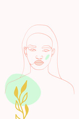 Nude Woman Continuous Vector Background. Girl Outline Design. Peach and Blue Head Minimalist Cover. People Simple Print.