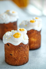 On a gray wooden table and Easter cake, sweet table for the holiday, Easter holiday, Easter decor. High quality photo.