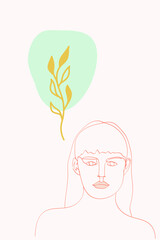 Peach and Blue Leaf Art Vector Background. Lady Profile Design. Nude Portrait Modern Poster. Contour Beauty Pattern.