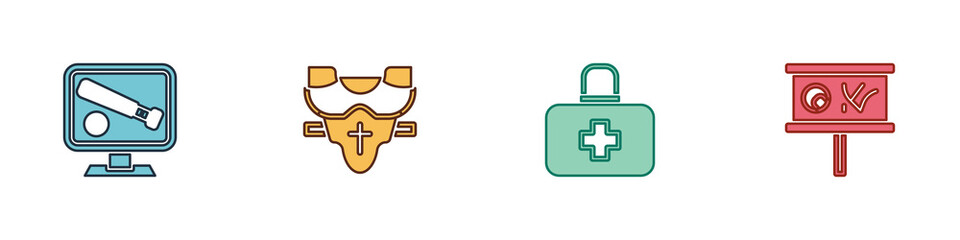 Set Monitor with baseball game, Player chest protector, First aid kit and Planning strategy icon. Vector