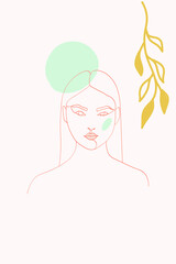 Peach and Blue Leaf Art Vector Background. Lady Profile Design. Nude Portrait Modern Poster. Contour Beauty Pattern.