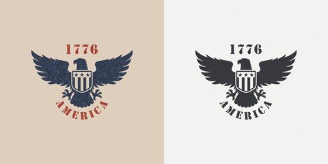Set of color illustrations of an eagle, a shield with stars and text on a background with a grunge texture. Vector illustration in vintage style for emblem, poster, print, label. Symbols of the USA.