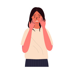 Flat vector cartoon illustration of a young sad girl with skin problems covering her face with her hands. Red rashes, pimples on the face. White background.