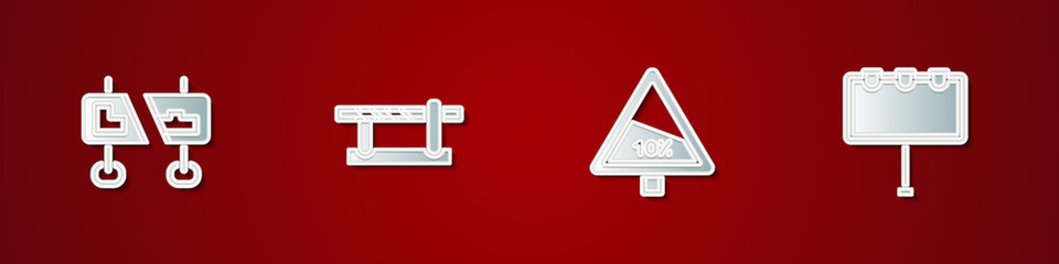 Set Road traffic sign, Parking car barrier, Steep ascent and descent road and Billboard with lights icon. Vector