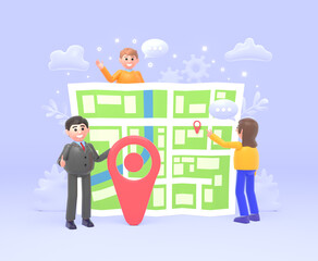 Contacts, location point. Man and woman stand near big map, location pin. Modern 3d illustration