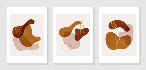 Abstract organic art background vector. Hand painted Fluid, curving forms and muted mid-century colors with watercolor stain texture and golden line art. Good for invitation, poster, prints, wall art