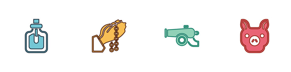 Set Perfume, Hands in praying position, Ramadan cannon and Pig icon. Vector