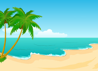 Summer beach with palm trees and bright blue sky