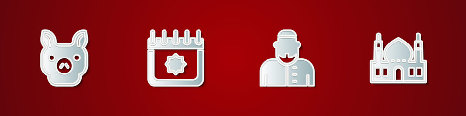 Set Pig, Ramadan calendar, Muslim man and Mosque icon. Vector
