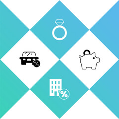 Set Car leasing percent, House with percant discount, Diamond engagement ring and Piggy bank icon. Vector