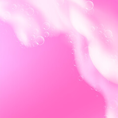 Beautiful bright background with Bath pink foam and empty place for your text. Shampoo bubbles texture. Sparkling pink shampoo and bath lather. Vector realistic illustration.