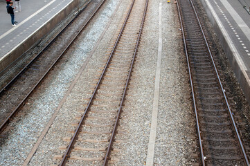 Fototapeta na wymiar Empty Rail Track At The Train Station Zaandam The Netherlands 23-10-2019