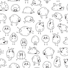 Cute vector seamless pattern of funny sheep on white background.